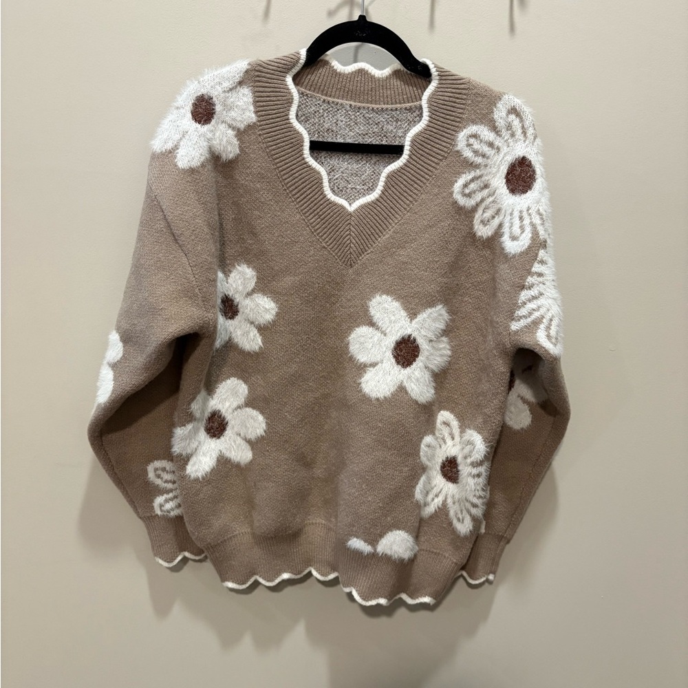 Cozy Daisy V-Neck Sweater - Taupe with White Floral